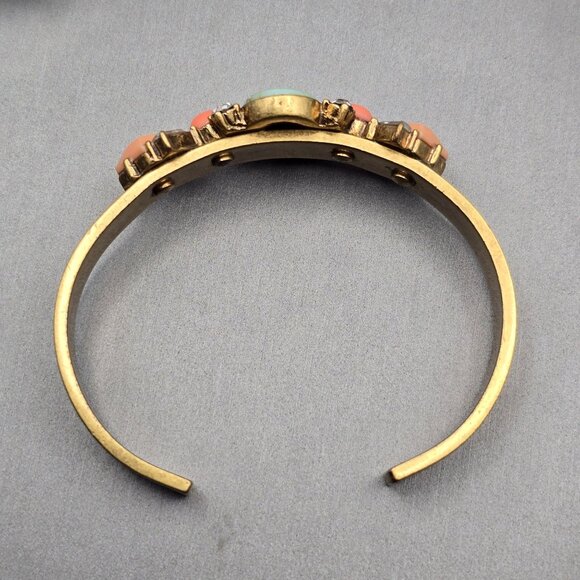 J Crew Antique Gold Tone Cuff Bracelet Faux Coral & Turquoise Stones Rhinestones - Picture 7 of 9